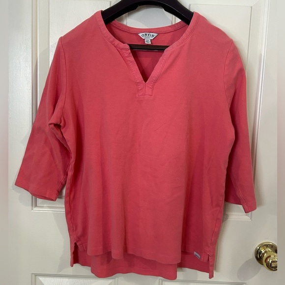 Orvis Women’s Large 3/4 Sleeve Split V-Neck Pink Shirt - Picture 1 of 9